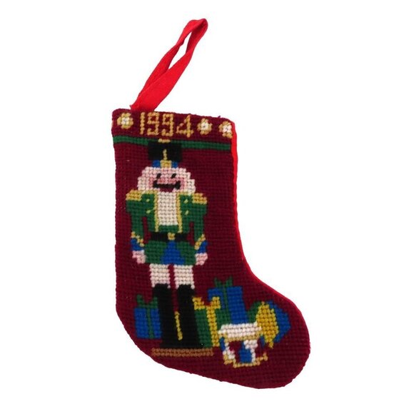 Handmade 1994 Nutcracker 4.25in Needlepoint Christmas Stocking Ornament Vintage - Picture 1 of 8
